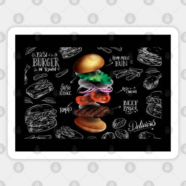 Falling realistic Burger Ingredients Back Board Magnet by Mako Design 